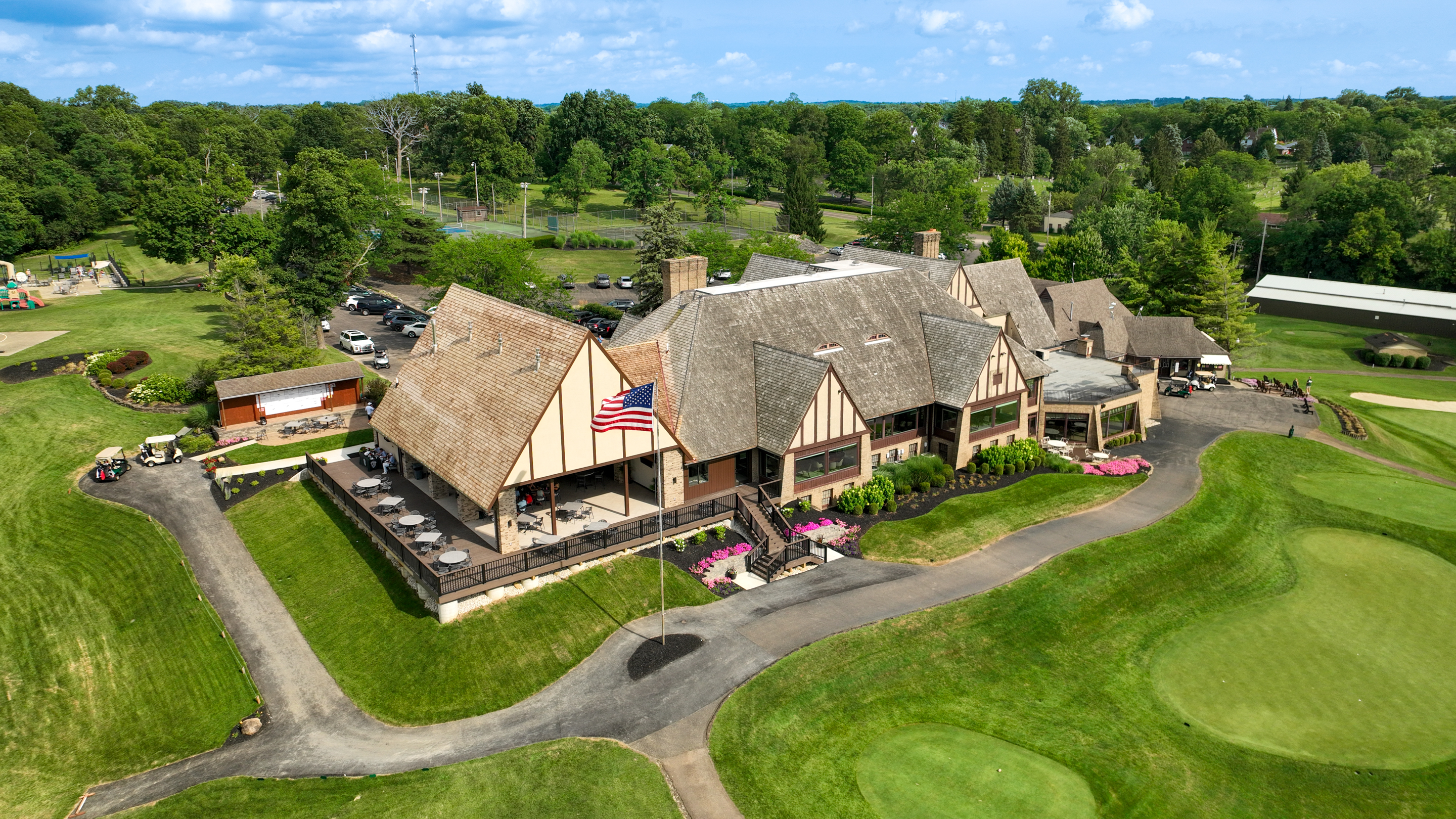 Scenic aerial view of Springfield Country Club showcasing the Donald Ross design golf course, clubhouse and pro shop